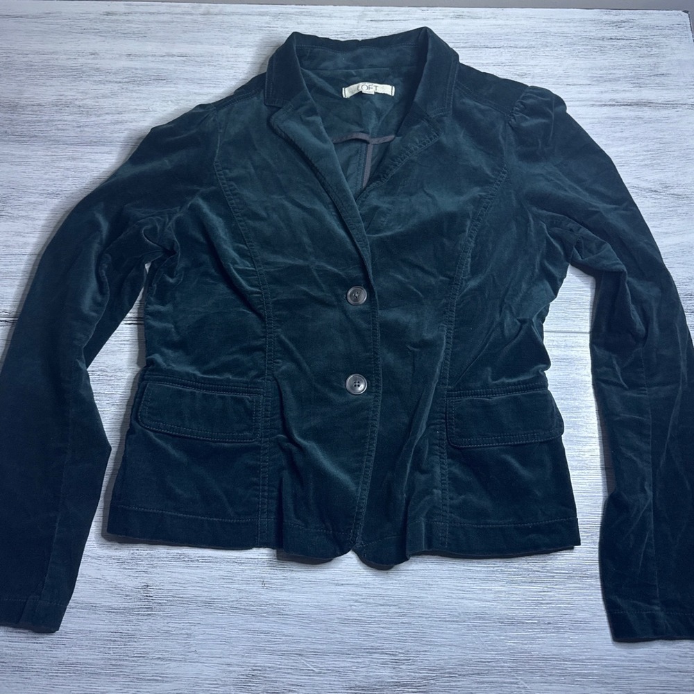 Ann‎ Taylor LOFT Forest Green Velvet Blazer Jacket Womens 10 Peplum Pleat Back
